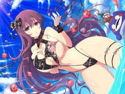 Rule 34 | 1girl, bamboo shoot, black slingshot swimsuit, branch, breasts, cleavage, cleavage cutout, clothing cutout, cloud, cloudy sky, day, flower, hair ribbon, hand on own chest, happy new year, hat, highres, innertube, large breasts, long hair, looking at viewer, murasaki (senran kagura), navel, new year, ocean, official art, open mouth, petals, purple eyes, purple hair, ribbon, senran kagura, senran kagura new link, skindentation, sky, slingshot swimsuit, stuffed animal, stuffed toy, sunlight, swim ring, swimming, swimsuit, teddy bear, thigh strap, wrist cuffs
