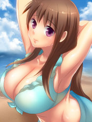 Rule 34 | 1girl, armpits, arms behind head, arms up, beach, bikini, blush, breasts, brown hair, cleavage, cloud, day, foreshortening, frilled bikini, frills, front-tie top, large breasts, looking at viewer, natsuki (saboten), natsuwo, original, outdoors, purple eyes, shiny skin, sky, solo, swimsuit