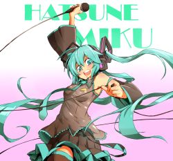 Rule 34 | 1girl, arm up, bad id, bad pixiv id, character name, detached sleeves, green eyes, green hair, hatsune miku, headphones, long hair, matching hair/eyes, microphone, nakatomo108, necktie, open mouth, skirt, solo, thighhighs, twintails, very long hair, vocaloid
