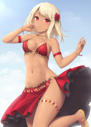 Rule 34 | 1girl, armpits, bare arms, bare shoulders, bikini, blonde hair, breasts, cleavage, cowboy shot, dancer, dark-skinned female, dark skin, flower, gold trim, groin, hair flower, hair ornament, halterneck, jewelry, layered skirt, looking at viewer, medium breasts, navel, necklace, o-ring, o-ring bottom, original, red bikini, red eyes, red skirt, rose, sasaame, serious, short hair, skirt, solo, standing, standing on one leg, stomach, swept bangs, swimsuit, thighs