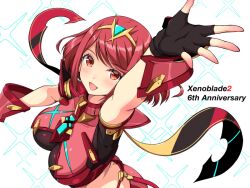 Rule 34 | 1girl, anniversary, copyright name, f 1chan, fingerless gloves, gloves, hand up, looking at viewer, open mouth, pyra (xenoblade), red eyes, red hair, smile, solo, swept bangs, tiara, xenoblade chronicles (series), xenoblade chronicles 2
