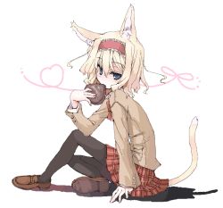 Rule 34 | 1girl, alice margatroid, alternate costume, animal ears, blonde hair, blue eyes, blush, cat ears, cat girl, cat tail, chocolate, female focus, heart, heart of string, kemonomimi mode, lifted by tail, loafers, mochiki, naughty face, no nose, oekaki, pantyhose, plaid, plaid skirt, school uniform, shoes, short hair, sitting, skirt, solo, string, string of fate, tail, touhou, valentine, white background