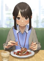 Rule 34 | 1girl, blue shirt, blush, brown eyes, brown hair, closed mouth, commentary request, cup, douki-chan (douki-chan), drinking glass, fingernails, food, ganbare douki-chan, highres, holding, holding spoon, looking at viewer, parted bangs, pasta, plate, shirt, short hair, solo, spaghetti, spoon, sweatdrop, wavy mouth, yomu (sgt epper)