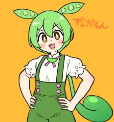 Rule 34 | 1girl, blush, bright pupils, bseibutsu, commentary, cowboy shot, fingernails, flat chest, frilled sleeves, frills, green hair, green shorts, green suspenders, hair between eyes, hands on own hips, long hair, looking at viewer, low ponytail, medium bangs, open mouth, orange background, pea pod, puffy short sleeves, puffy sleeves, shirt, short sleeves, shorts, simple background, smile, solo, suspender shorts, suspenders, voicevox, white pupils, white shirt, yellow eyes, zundamon
