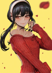 Rule 34 | 1girl, bare shoulders, black hair, book, earrings, hairband, half-closed eyes, hand up, highres, jewelry, long sleeves, looking to the side, magion02, off-shoulder sweater, off shoulder, petals, red eyes, red sweater, simple background, smile, solo, spy x family, sweater, upper body, yellow background, yor briar