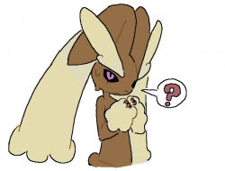 Rule 34 | 1girl, ?, black sclera, body fur, brown fur, colored sclera, creatures (company), cropped torso, female focus, flat chest, flat color, furry, furry female, game freak, gen 4 pokemon, hands up, long ears, lopunny, nervous, niami, nintendo, open mouth, own hands together, pink eyes, pokemon, pokemon (creature), rabbit ears, rabbit girl, rabbit tail, simple background, solo, speech bubble, spoken question mark, standing, sweat, two-tone fur, upper body, white background, yellow fur
