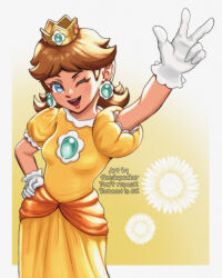 Rule 34 | 1girl, arm up, blue eyes, breasts, crown, earrings, flower, flower earrings, gloves, grin, hand on own hip, jewelry, looking at viewer, mario (series), medium breasts, nintendo, one eye closed, open mouth, princess daisy, puffy short sleeves, puffy sleeves, short sleeves, smile, solo, standing, super mario land, theskywaker, tomboy, v, wink
