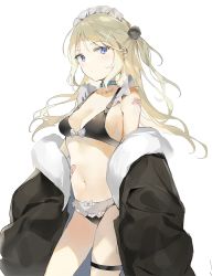 Rule 34 | 1girl, absurdres, bandaid, bandaid on shoulder, bandaid on stomach, bare shoulders, bikini, black bikini, black jacket, blonde hair, blue eyes, blush, breasts, cleavage, closed mouth, coller, cowboy shot, hair ornament, highres, jacket, long hair, looking at viewer, maid, maid bikini, maid headdress, medium breasts, navel, off shoulder, one side up, open clothes, open jacket, original, sabet (young ouo), sidelocks, simple background, solo, standing, stomach, swimsuit, thigh strap, thighs, unconventional maid, white background