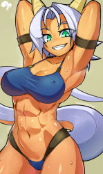Rule 34 | 1girl, abs, armband, armpits, arms behind head, arms up, artist name, black outline, borrowed character, breasts, cleavage, collarbone, commentary, covered erect nipples, cowboy shot, dark-skinned female, dark skin, dragon girl, eyes visible through hair, fang, green eyes, grin, highres, horns, krokobyaka, large breasts, looking at viewer, medium hair, muscular, muscular female, navel, original, outline, silver hair, simple background, slit pupils, smile, solo, stomach, sweat, tail, tomboy