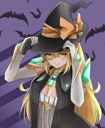 Rule 34 | 1girl, alternate costume, blonde hair, breasts, elbow gloves, gem, gloves, halloween, hat, highres, large breasts, long hair, looking at viewer, mythra (xenoblade), nintendo, sarasadou dan, solo, witch, witch hat, xenoblade chronicles (series), xenoblade chronicles 2, xenoblade chronicles (series), xenoblade chronicles 2, yellow eyes