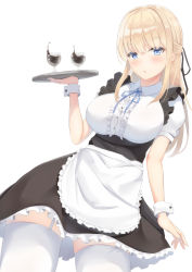 Rule 34 | 1girl, alcohol, apron, arm up, black dress, blonde hair, blue eyes, blush, breasts, collared shirt, cup, dress, drinking glass, frilled apron, frilled dress, frills, hair between eyes, hair ribbon, highres, holding, holding plate, kanata (kanade pa), large breasts, leaning to the side, long hair, looking at viewer, maid, maid apron, neck ribbon, open mouth, original, plate, ribbon, shirt, short sleeves, simple background, solo, thigh strap, thighhighs, thighs, white apron, white background, white shirt, white thighhighs, wine glass, zettai ryouiki