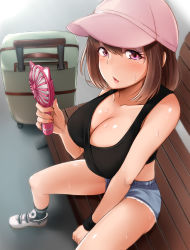 Rule 34 | 1girl, blush, breasts, brown eyes, brown hair, cleavage, collarbone, denim, denim shorts, female focus, hat, highres, huge breasts, jeans, large breasts, looking at viewer, moruta (sunu-pio), open mouth, original, pants, purple eyes, shirt, short hair, short shorts, shorts, simple background, sitting, solo, sweat, thighs, white background