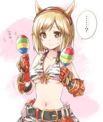 Rule 34 | ..., 1girl, ?, artist name, belt, bikini, bikini top only, black belt, blonde hair, breasts, brown eyes, cleavage, closed mouth, commentary request, djeeta (granblue fantasy), fake horns, gauntlets, gloves, granblue fantasy, grey bikini, highres, holding, holding instrument, horns, instrument, kuroi mimei, looking at viewer, maracas, medium breasts, motion blur, navel, pouch, red gloves, signature, smile, solo, spoken ellipsis, spoken question mark, standing, sweatdrop, swept bangs, swimsuit