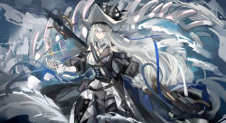 Rule 34 | 1girl, arknights, bare shoulders, belt, black dress, black headwear, black pantyhose, breasts, circular saw, closed mouth, detached sleeves, dress, echj, feet out of frame, grey hair, highres, holding, holding weapon, huge weapon, jewelry, large breasts, lips, long hair, long sleeves, looking at viewer, necklace, pantyhose, pelvic curtain, puffy long sleeves, puffy sleeves, red eyes, saw, skeleton, smile, solo, specter (arknights), specter the unchained (arknights), standing, unworn jewelry, unworn necklace, very long hair, water, weapon