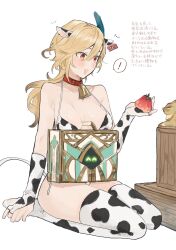 Rule 34 | !, 1girl, ^ ^, animal, animal ears, animal print, bell, bikini, blonde hair, blush, breasts, closed eyes, collar, cow ears, cow girl, cow print, cow print bikini, cow tail, cowbell, ear tag, feather hair ornament, feathers, fingerless gloves, genderswap, genderswap (mtf), genshin impact, gloves, hair between eyes, hair ornament, highres, kaveh (genshin impact), large breasts, long hair, medium breasts, medium hair, mehrak (genshin impact), neck bell, open mouth, print bikini, simple background, sitting, solo, spoken exclamation mark, swimsuit, tabibitowayo, tail, thighhighs, translation request, white background