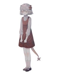 Rule 34 | 1girl, absurdres, aged down, arknights, black footwear, child, clutching clothes, crying, crying with eyes open, dress, full body, grey hair, highres, horns, kneehighs, looking down, red dress, saria (arknights), shoes, short hair, simple background, socks, solo, standing, tail, tears, white background, xiling654