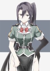 Rule 34 | 1girl, black gloves, black hair, breasts, chikuma (kancolle), chikuma (kancolle) (cosplay), collar, cosplay, embarrassed, epaulettes, gloves, green jacket, grey eyes, hand on own hip, jacket, kantai collection, long hair, looking at viewer, nachi (kancolle), pelvic curtain, shigino sohuzi, short sleeves, side ponytail, single glove, solo, two-tone background, very long hair