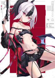 Rule 34 | 1girl, alternate costume, black hair, black horns, black shorts, black wings, blue archive, blush, breasts, closed mouth, collarbone, cowboy shot, demon horns, demon wings, grey hair, gun, hair between eyes, highres, holding, holding gun, holding weapon, horns, kayoko (blue archive), kie (yospcd), long hair, multicolored hair, navel, ponytail, red eyes, shorts, single wing, small breasts, solo, weapon, wings