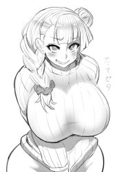 Rule 34 | 10s, 1girl, bad id, bad twitter id, blush, bottomless, braid, breasts, clothes tug, curvy, earrings, female focus, galko, greyscale, grin, groin, hair bun, huge breasts, jewelry, large breasts, long hair, looking at viewer, monochrome, naked sweater, no panties, nuezou, oshiete! galko-chan, plump, ribbed sweater, scrunchie, single hair bun, smile, solo, sweatdrop, sweater, sweater tug, teeth, turtleneck, wide hips