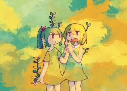 Rule 34 | 2girls, arm at side, bare shoulders, blonde hair, bright pupils, brown eyes, collared dress, cowboy shot, dress, drooling, fang, green background, green hair, hair between eyes, hair ribbon, hand up, hands up, highres, holding another&#039;s wrist, jitome, kezuru, legs together, looking at another, medium hair, mouth drool, multicolored background, multiple girls, no sclera, open mouth, original, parted lips, red ribbon, ribbon, short sleeves, single bare shoulder, sleeveless, sleeveless dress, sprout, sprout on head, standing, sundress, teeth, upper teeth only, yellow background, yellow dress