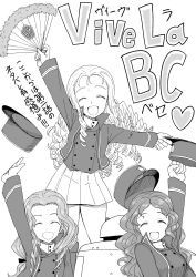 Rule 34 | 3girls, absurdres, bc freedom military uniform, drill hair, closed eyes, girls und panzer, greyscale, hand fan, hat, high collar, highres, isabe (girls und panzer), long hair, long sleeves, marie (girls und panzer), monochrome, multiple girls, pleated skirt, shako cap, skirt, smile, sofue (girls und panzer), sutahiro (donta), translation request