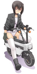 Rule 34 | 1girl, black choker, black eyes, black footwear, black gloves, black hair, boots, bow choker, choker, closed mouth, commentary, cosplay, ghost in the shell, ghost in the shell stand alone complex, girls und panzer, gloves, honda motocompo, jacket, kawashima momo, kusanagi motoko, kusanagi motoko (cosplay), leather, leather jacket, light frown, long sleeves, looking at viewer, monocle, motor vehicle, motorcycle, one-piece swimsuit, open clothes, open jacket, school swimsuit, semi-rimless eyewear, shadow, short hair, simple background, sitting, solo, swimsuit, thighhighs, under-rim eyewear, uona telepin, white background, white one-piece swimsuit, white school swimsuit, white thighhighs, zipper