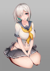 Rule 34 | 10s, 1girl, between legs, blue eyes, breasts, curvy, covered erect nipples, artistic error, female focus, gloves, hair ornament, hair over one eye, hairclip, hamakaze (kancolle), hand between legs, highres, kantai collection, large breasts, liu lan, looking at viewer, miniskirt, navel, open clothes, open mouth, open skirt, panties, pleated skirt, puffy nipples, school uniform, seiza, serafuku, short hair, side-tie panties, silver hair, sitting, skirt, solo, thick thighs, thighs, unbuttoned, underwear, white gloves, wide hips