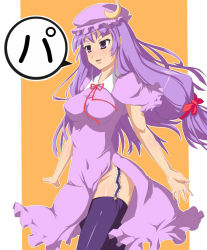 Rule 34 | &gt;:d, 1girl, :d, adapted costume, bitaraga, black thighhighs, blue hair, blunt bangs, blush, bow, bowtie, breasts, crescent, dress, female focus, garter straps, hat, hip focus, light purple hair, long hair, navel, no panties, nose blush, open mouth, orange background, outstretched arms, patchouli knowledge, purple dress, purple eyes, purple hair, shiny clothes, shiny skin, side slit, smile, solo, thighhighs, thighs, touhou, v-shaped eyebrows, very long hair, walking, zettai ryouiki