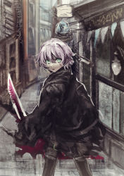Rule 34 | 1girl, :o, aqua eyes, bad id, bad pixiv id, black coat, black legwear, building, coat, cowboy shot, day, eyebrows, fate/apocrypha, fate (series), from behind, hair between eyes, highres, holding, holding knife, holding weapon, jack the ripper (fate/apocrypha), knife, kururi (9ruri), lamp, legs apart, london, long sleeves, looking at viewer, looking back, open mouth, outdoors, scar, scar on face, shop, short hair, silver hair, solo, standing, stitches, tareme, torn clothes, torn coat, weapon, wide sleeves, window