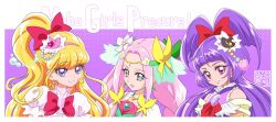 Rule 34 | 3girls, artist logo, asahina mirai, blonde hair, bow, brooch, commentary request, copyright name, cure felice, cure magical, cure miracle, earrings, eyelashes, flower, hair bow, hair flower, hair ornament, hairband, half updo, hanami kotoha, happy, hat, high ponytail, high side ponytail, izayoi liko, jewelry, kamikita futago, long hair, looking at viewer, magical girl, mahou girls precure!, mini hat, mini witch hat, multiple girls, pink bow, pink eyes, pink hair, ponytail, precure, puffy short sleeves, puffy sleeves, purple eyes, purple hair, short sleeves, side ponytail, sleeveless, smile, twintails, witch, witch hat