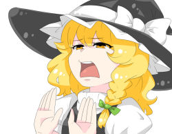 Rule 34 | 1girl, blonde hair, bow, braid, hat, hat bow, kieeyo, kirisame marisa, open mouth, open palms, side braid, simple background, single braid, solo, touhou, white background, witch hat, yellow eyes