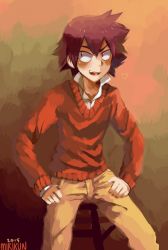 Rule 34 | 1boy, artist name, blush, brown background, brown pants, collarbone, dated, happy, hatomura miri, heart, highres, long sleeves, looking to the side, male focus, naruko shoukichi, open mouth, pants, red eyes, red hair, red sweater, shirt, short hair, signature, simple background, sitting, smile, solo, stool, sweater, teeth, white shirt, yowamushi pedal