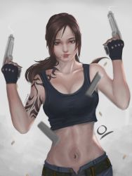 Rule 34 | 1girl, arm tattoo, artist name, bare shoulders, belt, black lagoon, breasts, brown eyes, brown hair, bullet, cigarette, crop top, denim, gun, large breasts, magazine (weapon), midriff, mouth hold, ocetee, ponytail, revy (black lagoon), self-upload, shorts, shoulder tattoo, smoke, solo, stomach, tank top, tattoo, tribal tattoo, unzipped, weapon