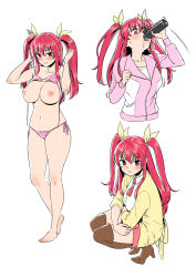 Rule 34 | 10s, 1girl, bikini, blush, boots, bottle, breasts, brown footwear, brown thighhighs, character sheet, drinking, female focus, gigantic breasts, hair ribbon, highres, hippopotamuso, jacket, long hair, looking at viewer, navel, nipples, pink hair, rakudai kishi no cavalry, red eyes, ribbon, side-tie bikini bottom, smile, solo, squatting, standing, stella vermillion, swimsuit, thigh boots, thighhighs, tongue, track jacket, twintails, two side up