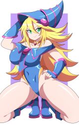 Rule 34 | 1girl, absurdres, abysswatchers, adapted costume, bare legs, bare shoulders, blonde hair, blue footwear, blue hat, blue leotard, boots, bracer, breasts, closed mouth, collarbone, dark magician girl, fingerless gloves, full body, gloves, green eyes, hair between eyes, hat, highleg, highleg leotard, highres, jewelry, kneeling, large breasts, leotard, long hair, magical girl, necklace, purple background, shiny skin, simple background, smile, solo, spread legs, squatting, white background, wide hips, wizard hat, yu-gi-oh!, yu-gi-oh! duel monsters