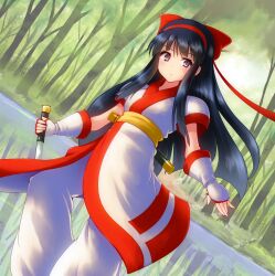 Rule 34 | 1girl, ainu clothes, breasts, clenched hand, fingerless gloves, forest, gloves, grey eyes, hair ribbon, highres, kasabou, legs, long hair, looking at viewer, medium breasts, nakoruru, nature, pants, ribbon, samurai spirits, serious, snk, solo, the king of fighters, thighs, very long hair, walking, water, weapon