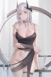 Rule 34 | 1girl, arknights, black dress, blue nails, breasts, cleavage, clothing cutout, demon girl, demon horns, dress, ear piercing, groin, hair ornament, highres, horns, large breasts, looking at viewer, mudrock (arknights), mudrock (obsidian) (arknights), nail polish, navel, navel cutout, no panties, official alternate costume, piercing, pixiv id, pointy ears, red hair, rifu (643763873), see-through, skindentation, solo, strap slip, thigh strap, watermark, web address