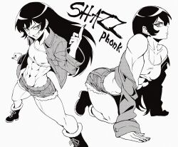 Rule 34 | 1girl, abs, ass, black hair, boots, breasts, cleavage, collarbone, denim, highres, jacket, jeans, long hair, looking at viewer, middle finger, midriff, monochrome, multiple views, muscular, muscular female, nail polish, navel, open clothes, open jacket, pants, shorts, sleeveless, small breasts, smile, tagme, websake