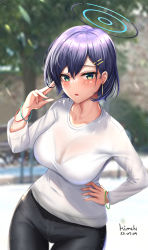 Rule 34 | 1girl, absurdres, artist name, blue archive, blurry, blurry background, blush, bra, bra visible through clothes, bracelet, breasts, casual, chihiro (blue archive), collarbone, dated, day, denim, earrings, eyes visible through hair, green eyes, hair ornament, hairclip, halo, hand on own hip, hand up, highres, jeans, jewelry, kimchi (user mpzz8457), light particles, long sleeves, looking at viewer, medium breasts, nail polish, pants, parted lips, purple hair, see-through, see-through shirt, shirt, short hair, solo, standing, thigh gap, thighs, tight clothes, tight pants, tight shirt, underwear, white shirt