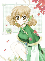 Rule 34 | 1990s (style), 1girl, 48725, ball, boots, breasts, brown eyes, brown hair, capelet, corrector yui, curly hair, dress, flower, gloves, green dress, kasuga yui, magical girl, open mouth, petals, short hair, smile, solo, wand