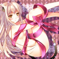 Rule 34 | 1girl, animal ears, argyle, argyle background, argyle clothes, blush, breasts, cat ears, cat tail, cocoa (cafe-hotcocoa), light particles, naked ribbon, nipples, original, ribbon, silver hair, solo, tail, yellow eyes