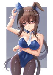 Rule 34 | 1girl, admire vega (umamusume), alternate costume, animal ears, arm up, blue leotard, blush, border, breasts, brown hair, cleavage, closed mouth, commentary request, covered navel, ear covers, frown, grey background, groin, hair between eyes, highleg, highleg leotard, highres, horse girl, large breasts, leotard, long hair, looking at viewer, necktie, nontraditional playboy bunny, pantyhose, pillar, ponytail, purple eyes, red eyes, rio (lio yuzu), simple background, single ear cover, solo, strapless, strapless leotard, table, umamusume, white border, white necktie, wrist cuffs