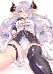 Rule 34 | 10s, 1girl, bad anatomy, black gloves, black thighhighs, blue eyes, blush, braid, breasts, commentary request, demon horns, draph, elbow gloves, eyebrows, fukuda shuushi, gloves, granblue fantasy, hair ornament, hair over one eye, highres, horns, large breasts, light purple hair, long hair, looking at viewer, narmaya (granblue fantasy), open mouth, panties, pantyshot, pointy ears, single thighhigh, sitting, solo, thigh strap, thighhighs, underwear, white panties