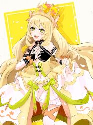 Rule 34 | 1girl, :d, blonde hair, butterfly hair ornament, celine (fire emblem), crown, dress, fire emblem, fire emblem engage, frilled dress, frills, green eyes, hair ornament, highres, kino40346033, long hair, looking at viewer, nintendo, open mouth, ribbon, smile, solo, very long hair, wavy hair