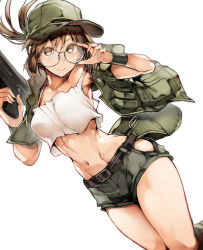 Rule 34 | 1girl, armpits, bare legs, baseball cap, belt, breasts, brown eyes, brown hair, commentary request, crop top, fingerless gloves, fio germi, glasses, gloves, gun, hat, highres, looking at viewer, medium breasts, metal slug, midriff, military, navel, nishiide kengorou, ponytail, shorts, simple background, smile, solo, vest, weapon, white background, wide hips