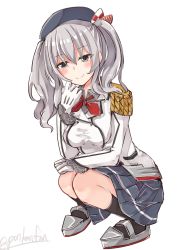 Rule 34 | 10s, 1girl, bad id, bad pixiv id, beret, blue eyes, epaulettes, gloves, grey hair, hat, highres, kantai collection, kashima (kancolle), military, military uniform, miniskirt, p.k.f, signature, skirt, smile, solo, squatting, twintails, twitter username, uniform