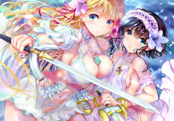 Rule 34 | 2girls, arm strap, black hair, blonde hair, blush, breasts, cleavage, detached sleeves, floating hair, green eyes, highres, holding, holding sword, holding weapon, large breasts, long hair, looking at viewer, midriff, multiple girls, navel, ogata tei, original, parted lips, red eyes, short hair, short sleeves, sideboob, small breasts, stomach, sword, very long hair, weapon, white sleeves, wrist cuffs