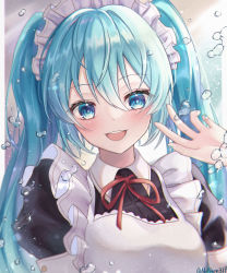 Rule 34 | 1girl, :d, absurdres, alternate costume, apron, black dress, blue eyes, blue hair, blue nails, blush, commentary, dress, enmaided, face, hair between eyes, hand up, hatsune miku, highres, long hair, maid, maid apron, maid day, maid headdress, nail polish, noneon319, open mouth, short sleeves, smile, solo, teeth, twintails, twitter username, upper teeth only, vocaloid, white apron