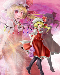 Rule 34 | 1girl, absurdres, ascot, bat wings, black pantyhose, blonde hair, broken, crystal, derivative work, embodiment of scarlet devil, female focus, flandre scarlet, hat, highres, mio hisame, open mouth, pantyhose, red eyes, short hair, side ponytail, smile, solo, stuffed animal, stuffed toy, stuffing, torn, touhou, wings, zoom layer
