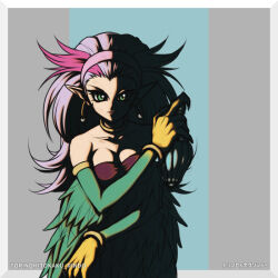 Rule 34 | 1girl, artist name, bare shoulders, breasts, cleavage, collarbone, colored skin, duel monster, feathered wings, feathers, gradient skin, green eyes, green feathers, green skin, harpie perfumer, harpy, medium breasts, monster girl, multicolored hair, pink hair, purple hair, rindou akira, shadow, solo, streaked hair, two-tone hair, winged arms, wings, yellow skin, yu-gi-oh!